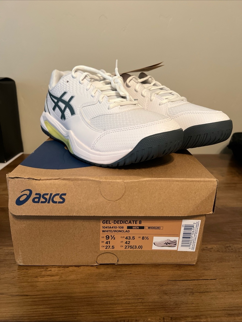 ASICS Men's 9.5 GEL‑Dedicate 8 White pickleball Court Shoes